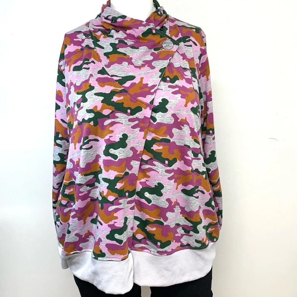 Cuddl Duds Sweatshirt Cardigan Woman 2X Purple Camo Pockets Stretch FLAW